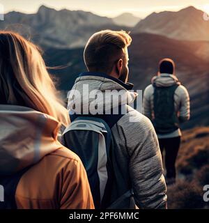two people with backpacks looking out at the mountains in the distance, one person is wearing a hoodie Stock Photo