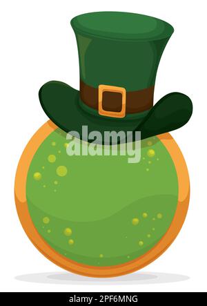 Top hat on button with golden frame, green beer and bubbles inside. Template in cartoon style for St. Patrick's Day. Stock Vector