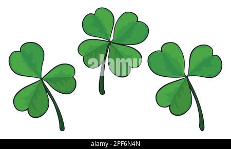 Set of three-leaf and four-leaf clovers. Shamrocks in cartoon style and outlines. Stock Vector