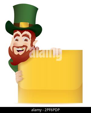 Traditional Leprechaun with gold tooth in his smile and green top hat, holding a golden sign template. Design in gradient effect. Stock Vector