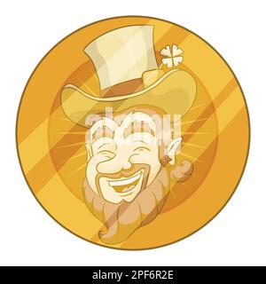 Golden coin decorated with the face of Leprechaun with top hat and lucky shamrock. Design in cartoon style for St. Patrick's Day. Stock Vector