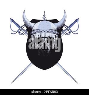 T-shirt design of a shield with swords and a Viking skull. Vector illustration for chivalry and adventure themes. Stock Vector