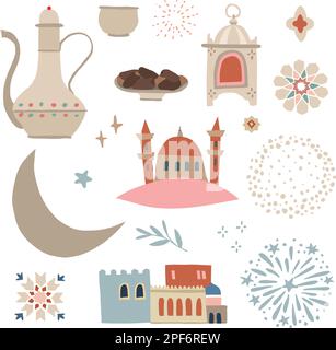Set of hand drawn illustrations for Ramadan Kareem holiday. Islam, muslim religion concept. Isolated vector objects. Mosque with minaret tower, moon Stock Vector