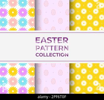 Collection Of Easter Summer Light Patterns. Vector Illustration With Flowers And Eggs In Flat Style Stock Vector