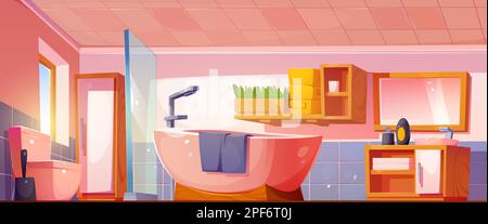 Cartoon bathroom interior design. Vector illustration of clean room with bath, toilet, shower with glass wall, washbasin, mirror on wall, towels on shelf, soap bottle for personal hygiene. Cozy home Stock Vector