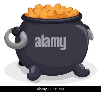 Black cauldron with gold coins in cartoon style over white background. Stock Vector