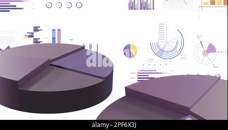 Image of colourful multiple graphs and data processing on white background. Global business and digital interface concept digitally generated image. Stock Photo