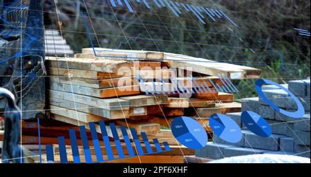 Image of data processing and graphs over building site Stock Photo