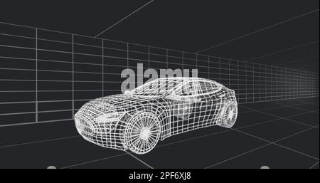 Image of white digital car and shapes on black background Stock Photo