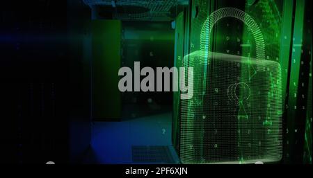 Image of data processing and padlock over server room Stock Photo