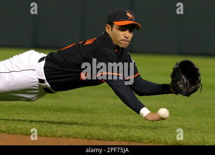 Baltimore Orioles second baseman Jerry Hairston watches as New York Yankees  David Justice beats his throw to first Tuesday night, June 5, 2001 at Yankee  Stadium In New York. The Orioles beat