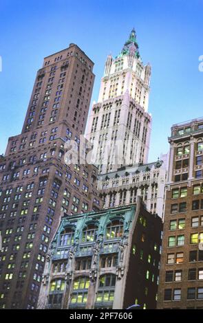 Woolworth Building tower New York Lower Manhattan Financial District at nightfall. Landmark tower skyscraper in downtown Tribeca New York City USA Stock Photo