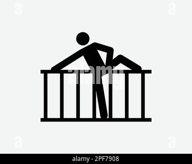 Climbing Fence Icon Climb Over Barrier Trespassing Intruder Vector Black White Silhouette Symbol Sign Graphic Clipart Artwork Illustration Pictogram Stock Vector