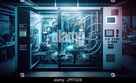 the inside of a machine room with many machines and equipment on it's walls, all lit up in bright blue lights Stock Photo