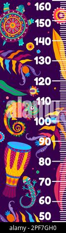 Kids height chart, Brazilian drum, Mexican chameleon, turtle and lizard, vector growth meter. Baby tall measure ruler or height chart with tropical ju Stock Vector