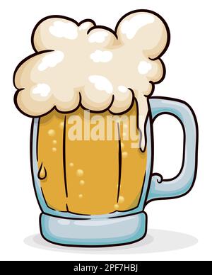 Frothy and bubbly beer served in glass mug with handle. Design in cartoon style. Stock Vector