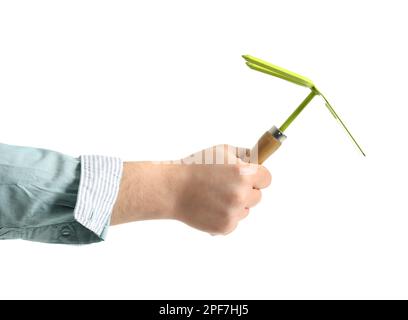 Gardener with tool on white background Stock Photo