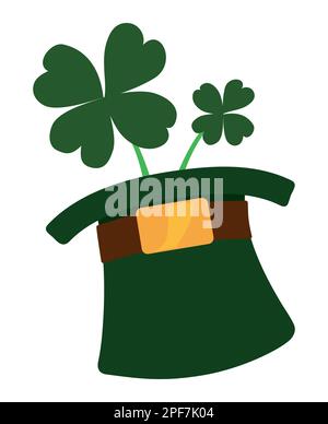 Inverted green top hat with belt and buckle like a flower pot with four-leaf clovers in flat style Stock Vector