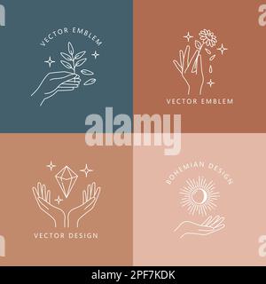 Boho plant, sun, flower, gem and twig vector line icons. Bohemian mystic or esoteric symbols with outline woman hands, magic stars, celestial and natu Stock Vector