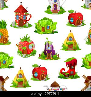 Fairytale houses and dwellings seamless pattern. Vector cartoon fantasy buildings background of gnome, fairy, dwarf and elf. Cute fairy tale forest ho Stock Vector