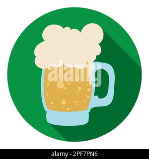 Beer mug with bubbles and foam inside green button. Design in flat style and long shadow effect. Stock Vector