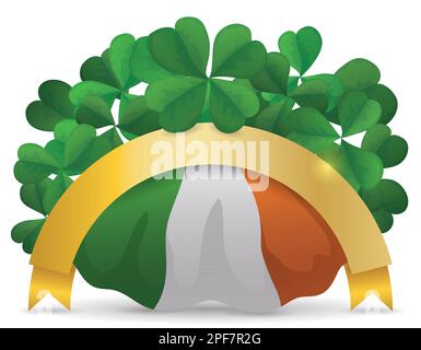 Golden and curved ribbon template with Irish flag and shamrocks on top. Design in gradient over white background. Stock Vector