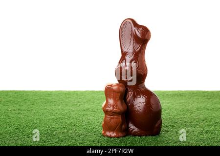 Chocolate Easter bunnies on green grass against white background Stock Photo