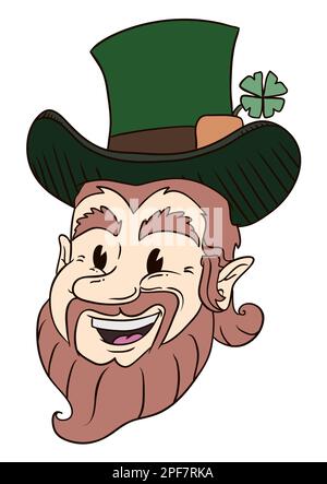 Happy Leprechaun head with top hat and lucky four-leaf clover. Design in retro cartoon style and outlines. Stock Vector