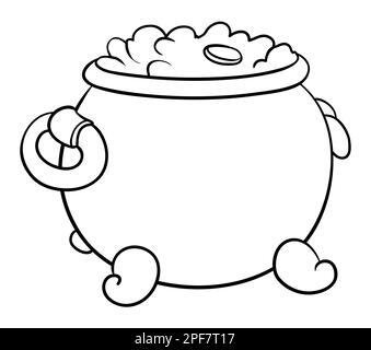 Design in outlines for coloring of cauldron with handles and filled with coins. Stock Vector