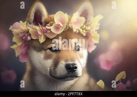 Cute fluffy Shiba Inu puppy with a wreath of flowers, portrait. Template for postcard, layout with copy space, print ready image Stock Photo