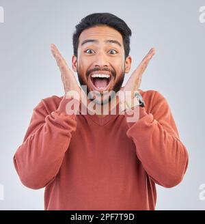 Surprise, excited and portrait of man happy on white background with emoji, comic and facial expression. Wow mockup, omg and isolated male in studio Stock Photo