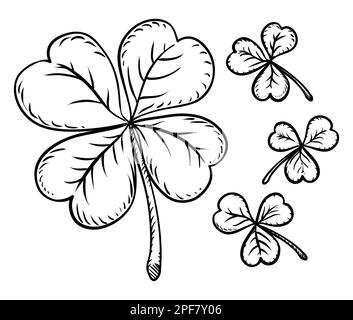 Hand-drawn set with three shamrocks, the largest of which has four leaves. Stock Vector