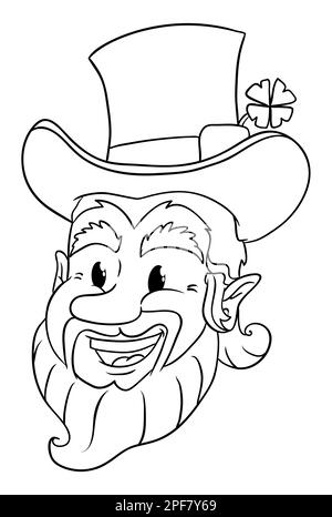 Leprechaun face with smiling head, top hat and four-leaf clover in outlines. Stock Vector