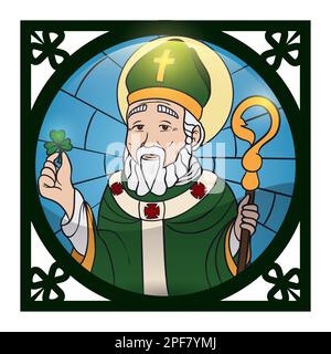 Green squared frame with clovers and round button with portrait of Saint Patrick holding a shamrock and a crosier. Design in in stained glass style. Stock Vector