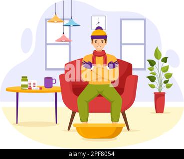 Sick Person Flu and Cold Sickness Illustration with People Wearing Thick Clothes in Flat Cartoon Hand Drawn for Health Care Landing Page Template Stock Vector