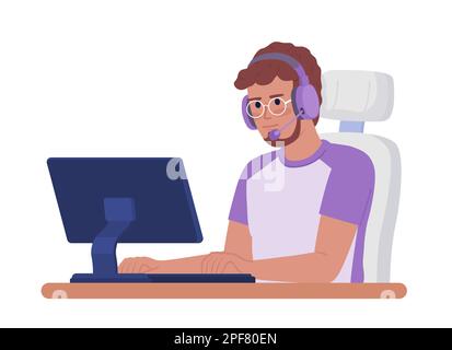 Male gamer with headphones at computer semi flat color vector character Stock Vector