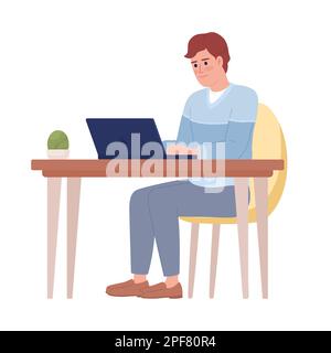 Man with laptop working at office table semi flat color vector character Stock Vector