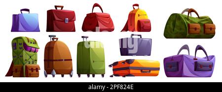 Travel luggage and suitcase vector illustration set. Business case, baggage and backpack cartoon journey isolated clipart collection. Different package design for worldwide trip or vacation. Stock Vector