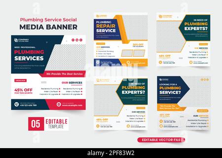 Plumbing business promotional web banner bundle for social media marketing. Plumber and handyman hiring template set vector with yellow and dark color Stock Vector
