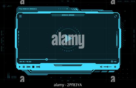 HUD video player futuristic interface, vector multimedia screen frame. HUD video player template layout with controls and navigation buttons of play a Stock Vector
