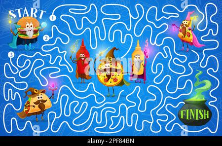 Help the cartoon takeaway fast food wizards to find potion. Vector kids labyrinth maze board game with burger, tacos, ketchup and mustard with pizza f Stock Vector