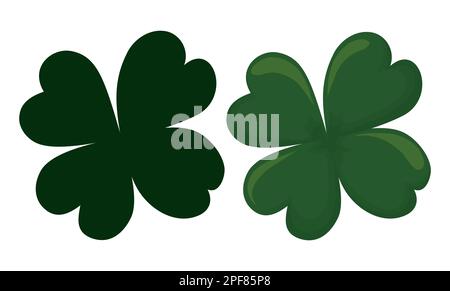 Pair of clovers, one in green flat silhouette and the other in cartoon style over white background. Stock Vector