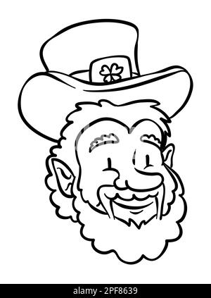Coloring design with Leprechaun head, pointed ears, beard, happy gesture and top hat in outlines. Stock Vector