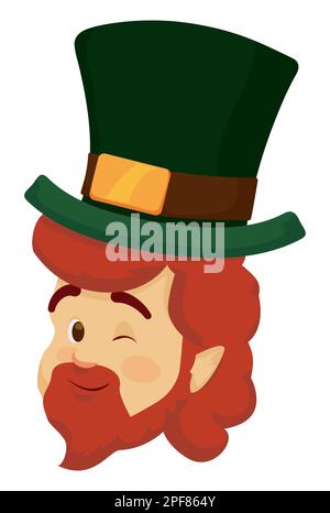 Winking Leprechaun face with ginger beard and hair, wearing a green top hat. Design in cartoon style over white background. Stock Vector