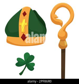 Religious elements of St. Patrick, patron saint of Ireland: shamrock, mitre with cross and crosier in cartoon style. Stock Vector