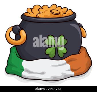 Black cauldron with gilt handles and gold coins over Irish flag in cartoon style. Stock Vector