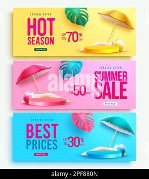 Summer sale banner set design. Summer sale text with promo discount for product display. Vector illustration summer presentation. Stock Vector