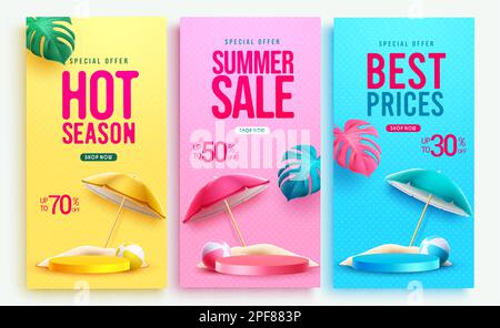 Summer sale vector poster set. Summer sale text product presentation with special offer discount. Vector illustration summer poster promo. Stock Vector