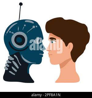 Vector cartoon style illustration of human vs robot confrontation arm wrestling. Modern technology concept Stock Vector