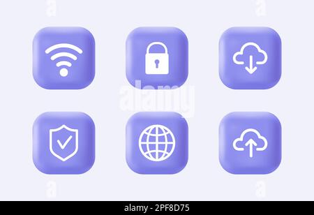 3d internet security icon set. Shield, wifi, lock, downloading, uploading on realistic violet buttons. Modern infographic logo and pictogram Stock Vector